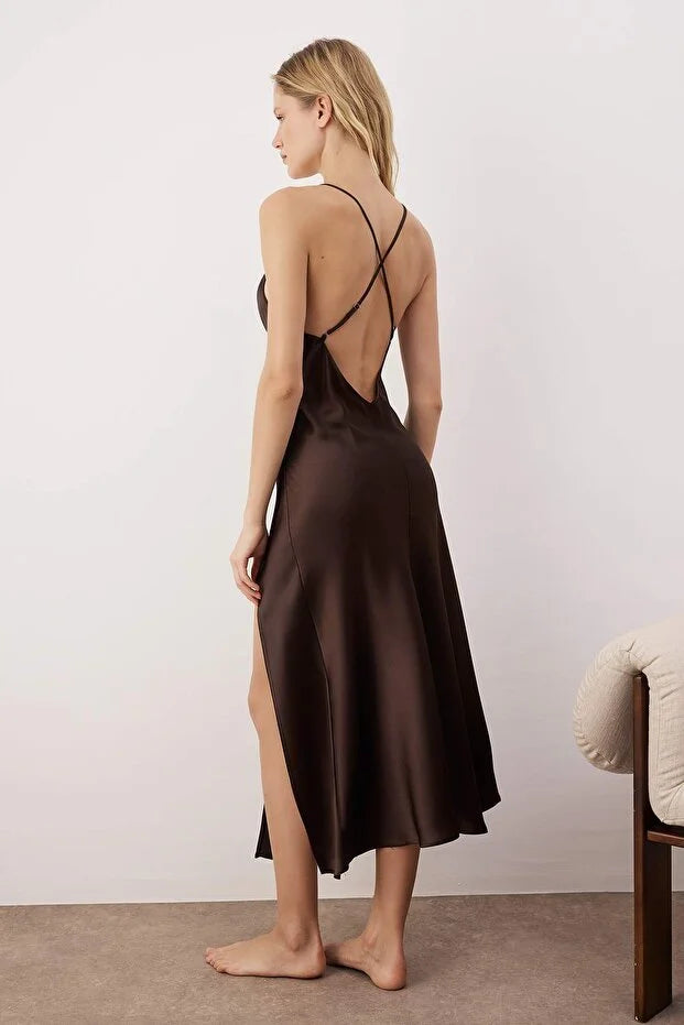 Brown Satin-Woven Nightgown with Slits | Home Wear | Lingerie | Lebbse Brown Satin-Woven Nightgown with Slits | Home Wear | Lingerie | Lebbse