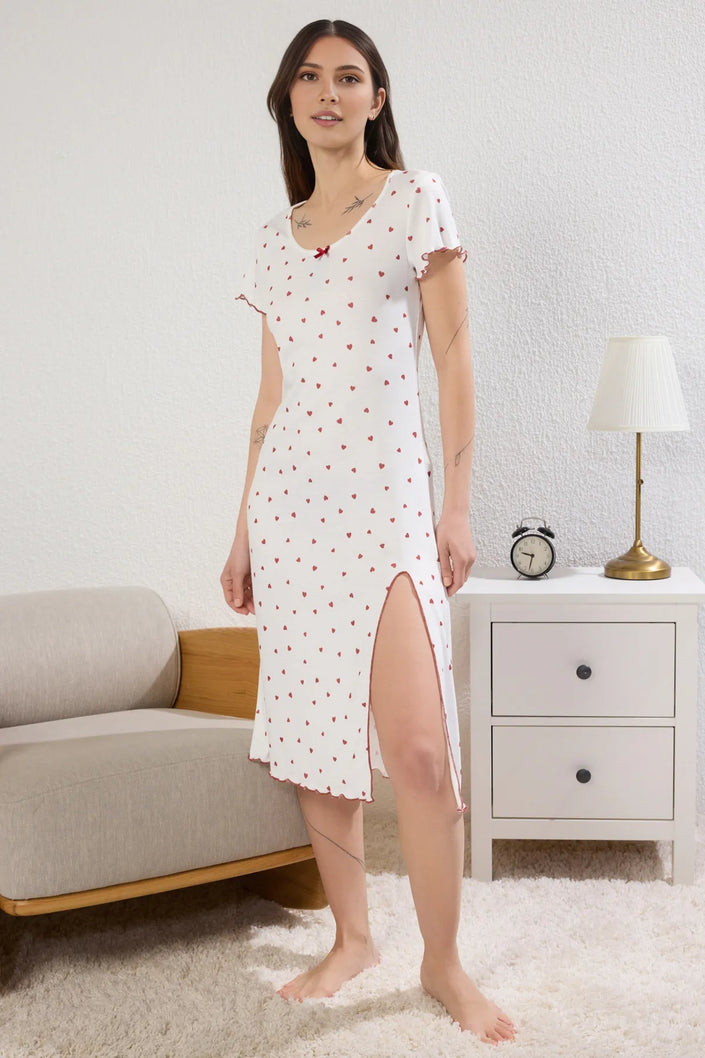 White-Multicolored Heart Slit and Ribbon/Bow Knitted Nightgown