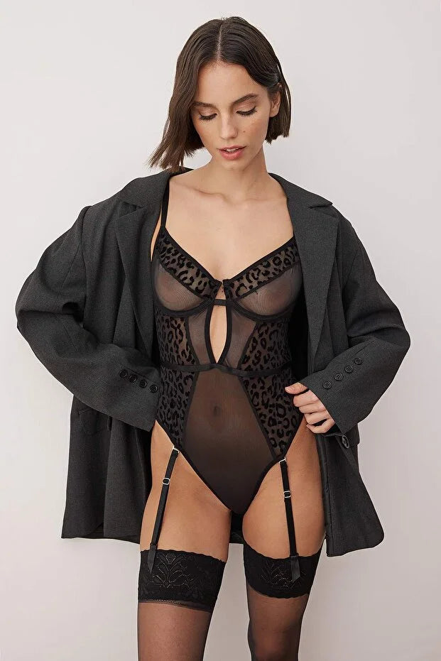 Black Mesh Fitted Garter Animal Unlined Bodysuit