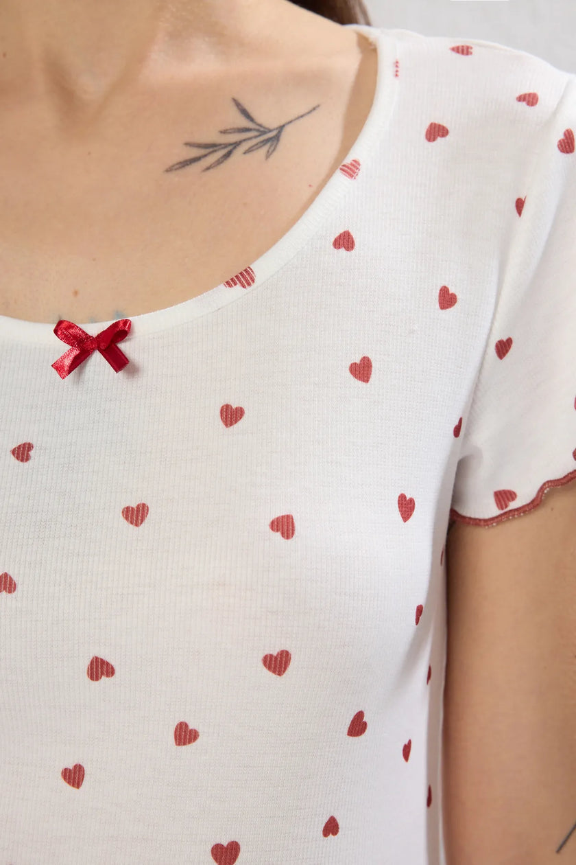 White-Multicolored Heart Slit and Ribbon/Bow Knitted Nightgown