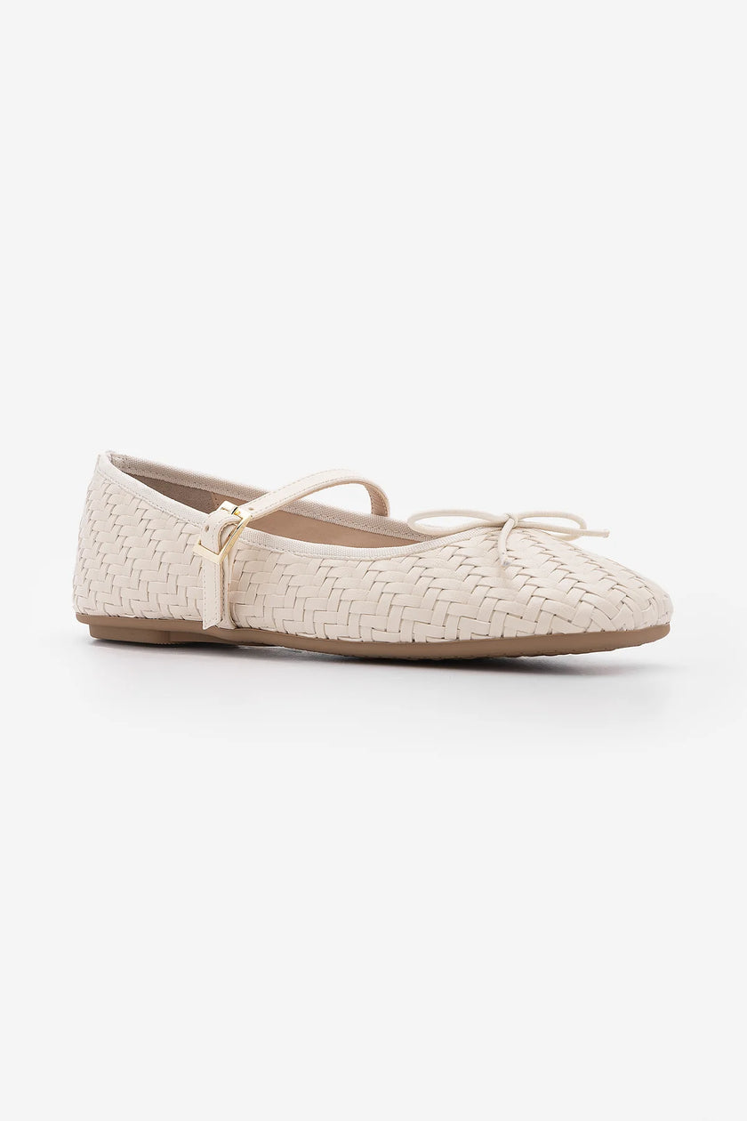 TEYRA Offwhite Mary Jane Bow Detail Woven Pattern Square Toe Women’s Ballet Flats