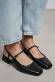 NATALIA Black Rustic Patterned Blunder Toe Belt Detail Women’s Ballet Flats