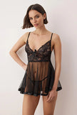 Black Tulle-Striped Plain Uncapped Babydoll