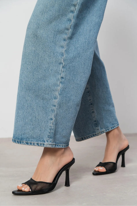 Noir Black Mesh Ankle Strap Women’s Thin-Heel Slippers