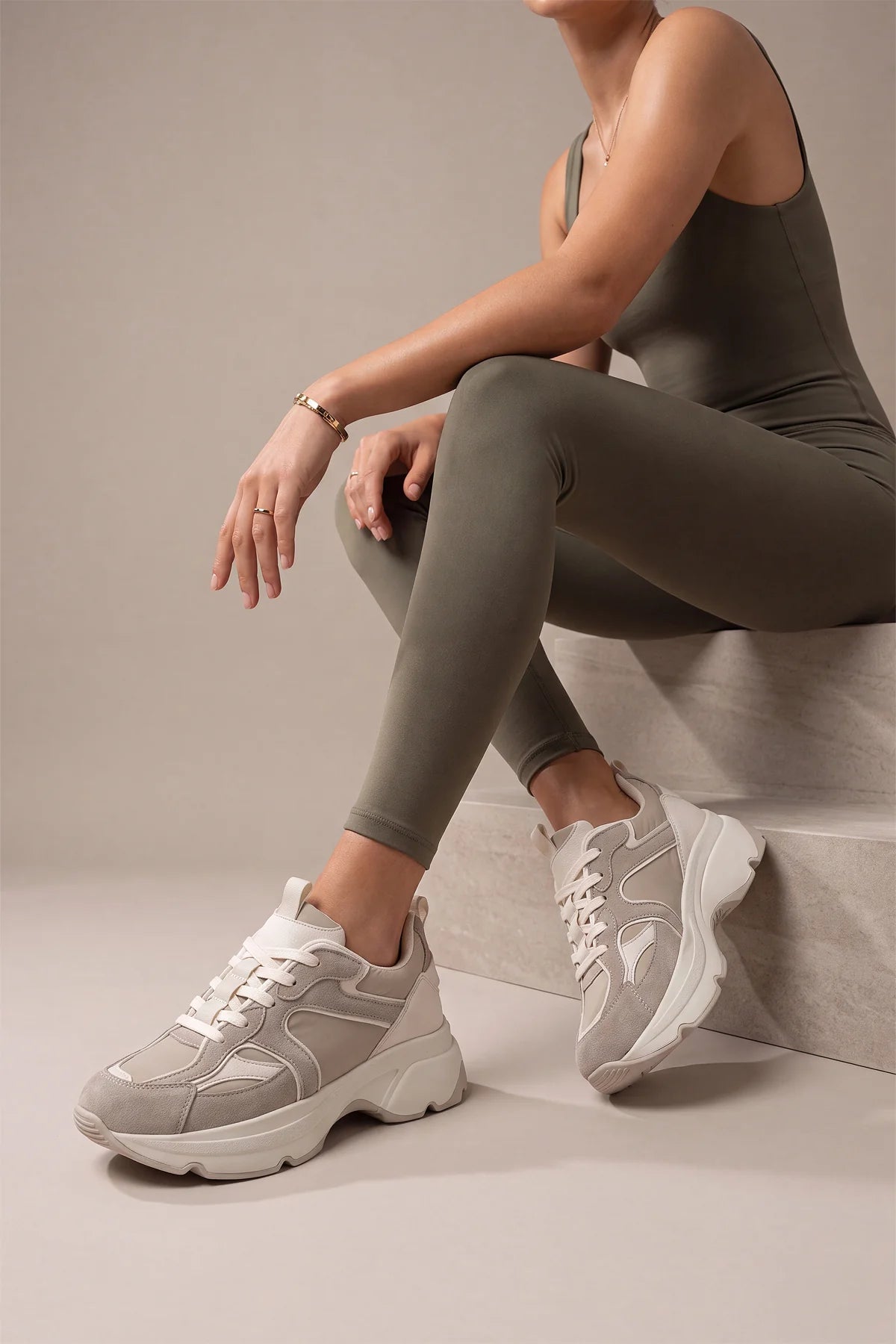 MERITA Beige Suede Chunky Platform Women's Sneakers