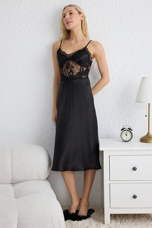 Black Lace and Back Tie Detailed Rope Strap Satin Woven Nightgown