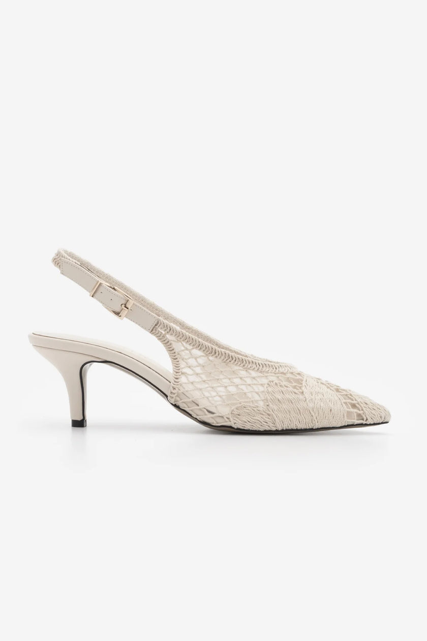 BERZEN Off-White Woven Mesh Embroidered Pointed Toe Women’s Stiletto Heels