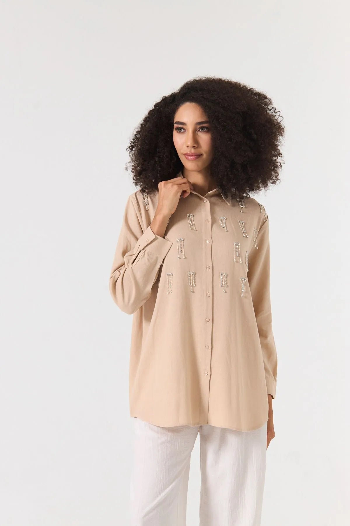 linen blend embroidered shirt