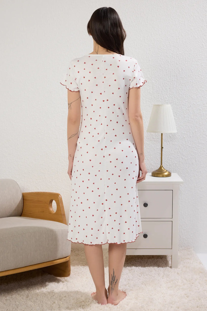 White-Multicolored Heart Slit and Ribbon/Bow Knitted Nightgown