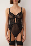 Black Mesh Fitted Garter Animal Unlined Bodysuit