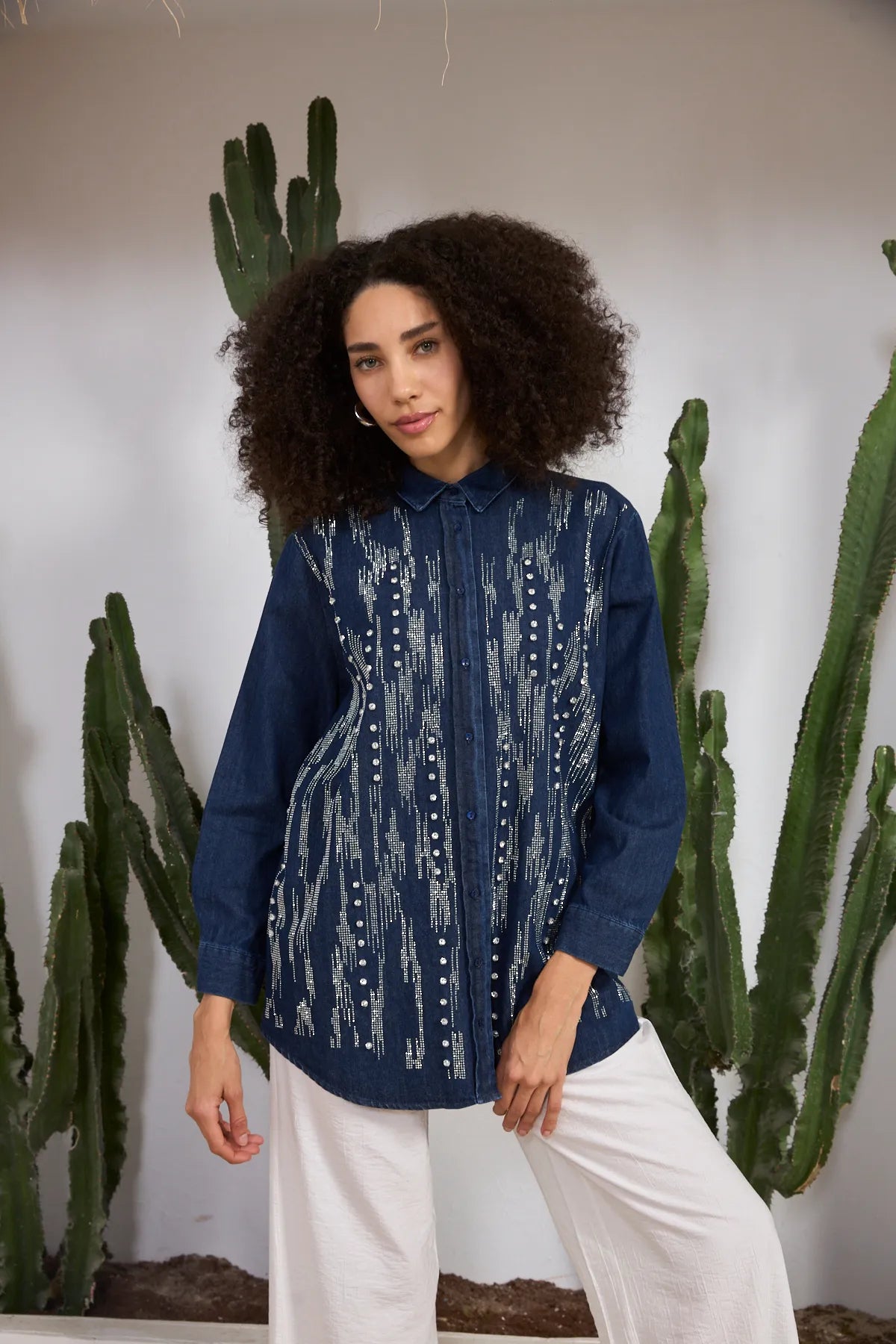 denim fabric stone embroidered denim shirt