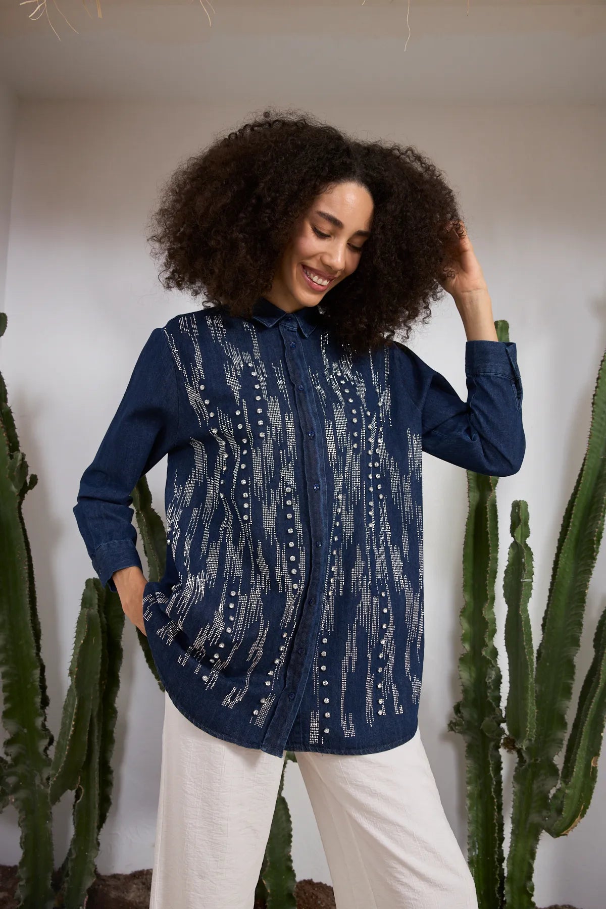 denim fabric stone embroidered denim shirt