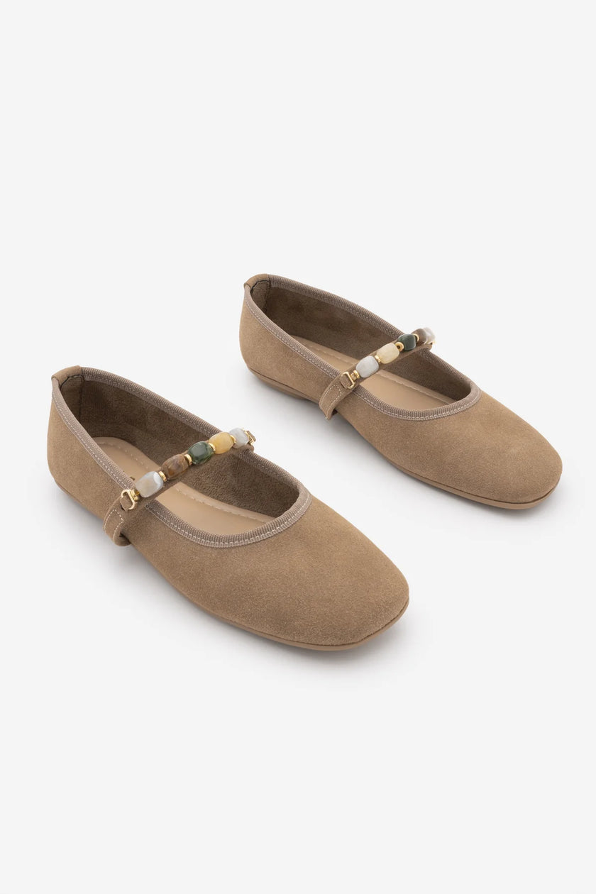 BELRIS Camel Suede Embellished Square-Toe Women's Ballet Flats