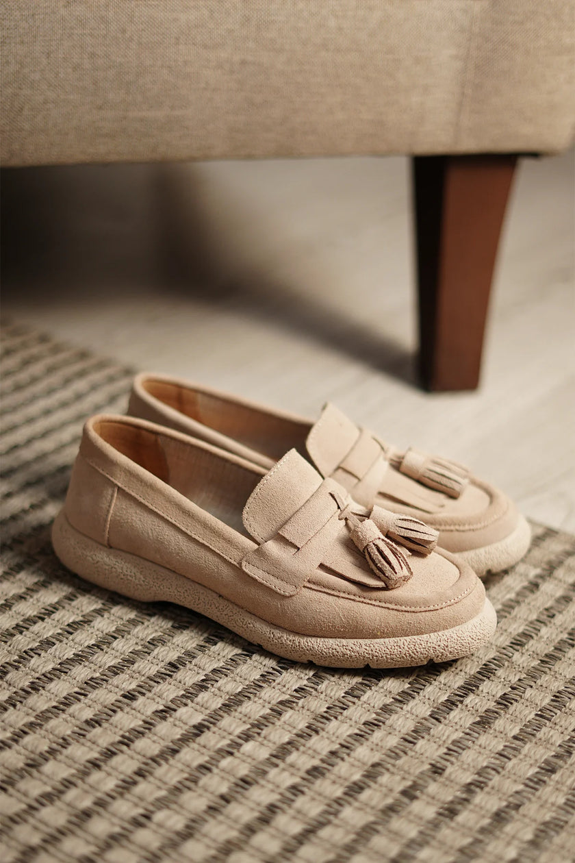 Women's Genuine Leather Loafer Casual Shoes Suma - Beige Suede