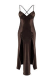 Brown Satin-Woven Nightgown with Slits