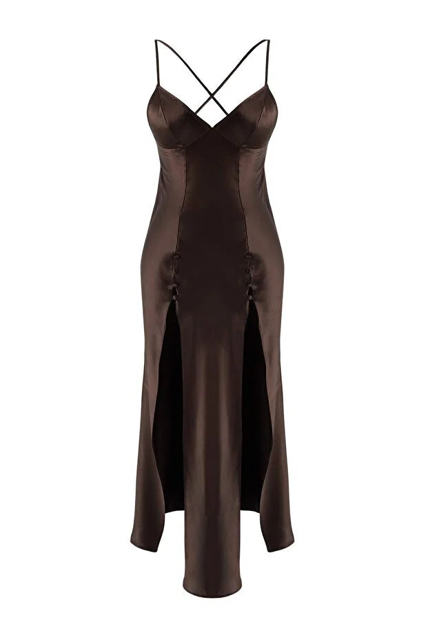 Brown Satin-Woven Nightgown with Slits | Home Wear | Lingerie | Lebbse Brown Satin-Woven Nightgown with Slits | Home Wear | Lingerie | Lebbse