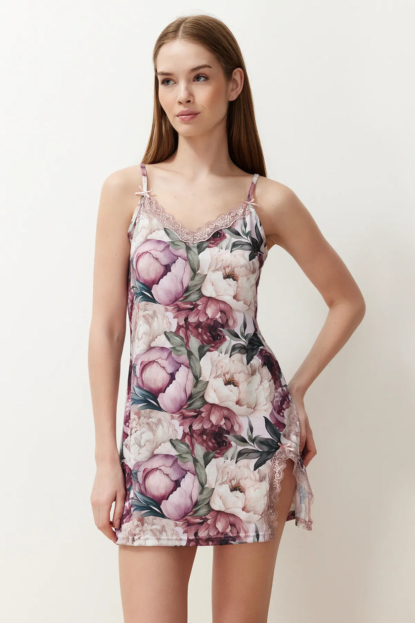 Multicolored Floral Lace Ribbon/Bow and Slit Detailed Rope Strap Knitted Nightgown