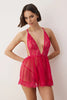 Cherry Tulle Lace Detailed Knitted Babydoll/Fantasy Nightgown with Open Crotch Panties