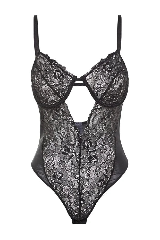 Black Lace Cut-Out Detailed Rope Strap Snap Knit Bodysuit | Home Wear | Lingerie | Lebbse Black Lace Cut-Out Detailed Rope Strap Snap Knit Bodysuit | Home Wear | Lingerie | Lebbse