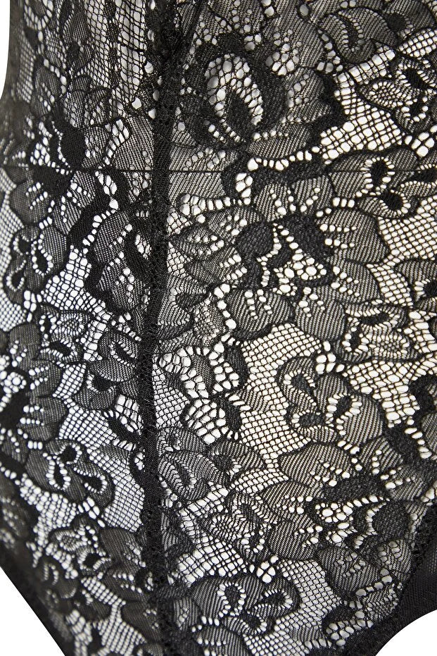 Black Lace Cut-Out Detailed Rope Strap Snap Knit Bodysuit