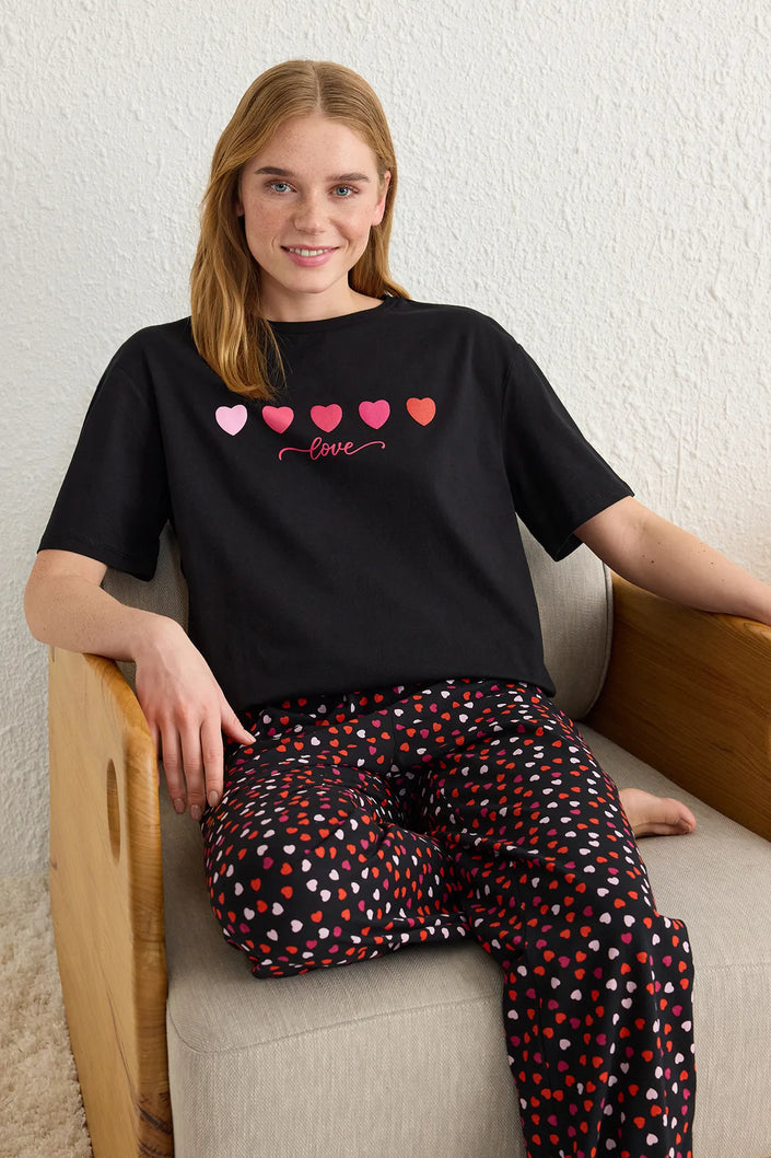 Black 100% Cotton Heart and Slogan Knitted Pajama Set