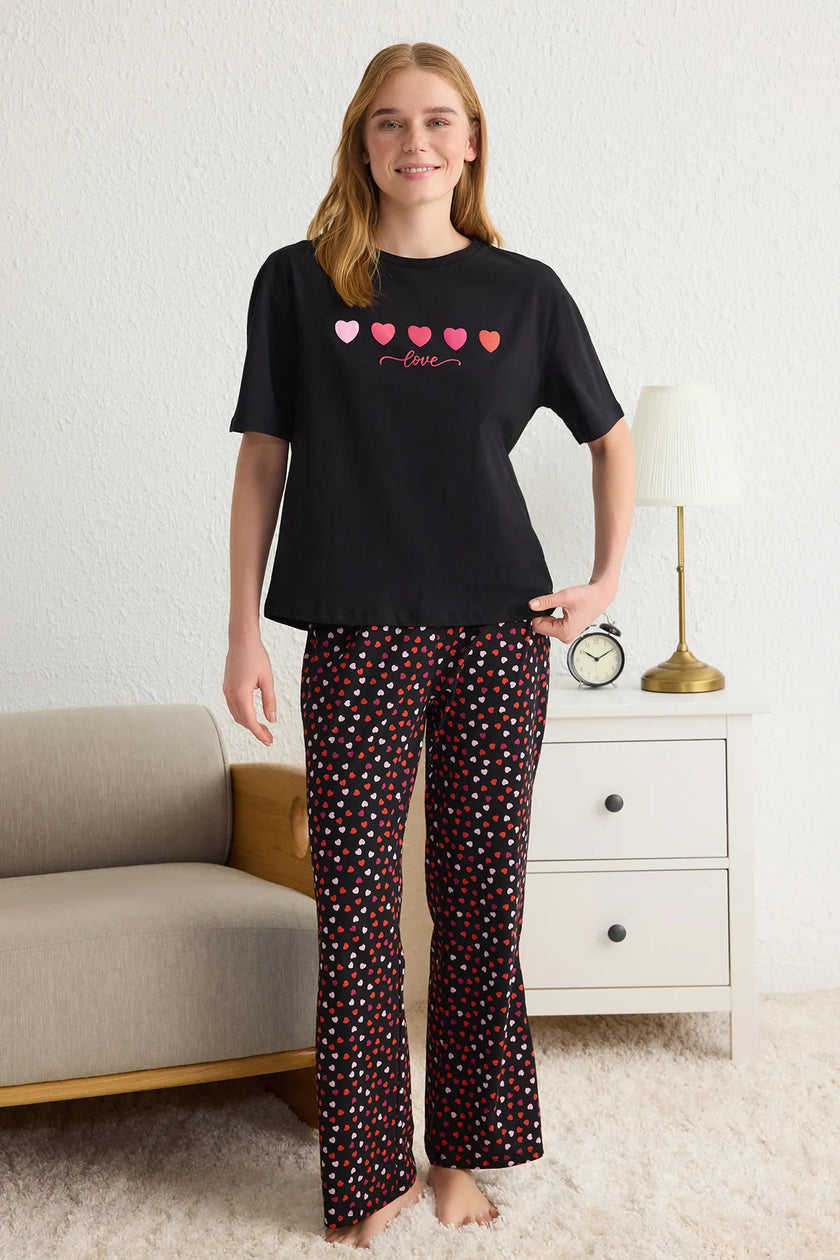 Black 100% Cotton Heart and Slogan Knitted Pajama Set