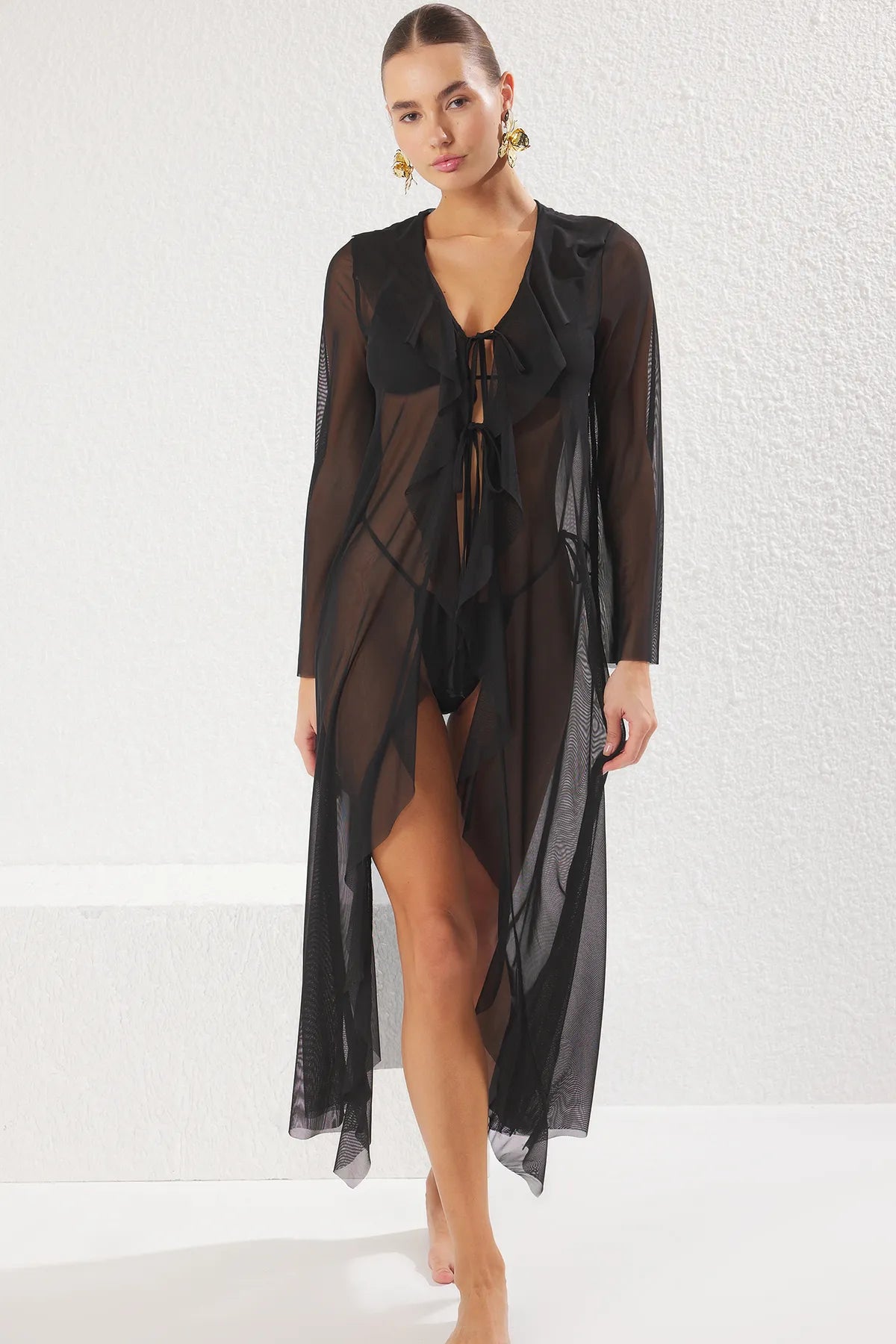 Black Maxi Ruffle Woven Collar Detailed Beach Dress