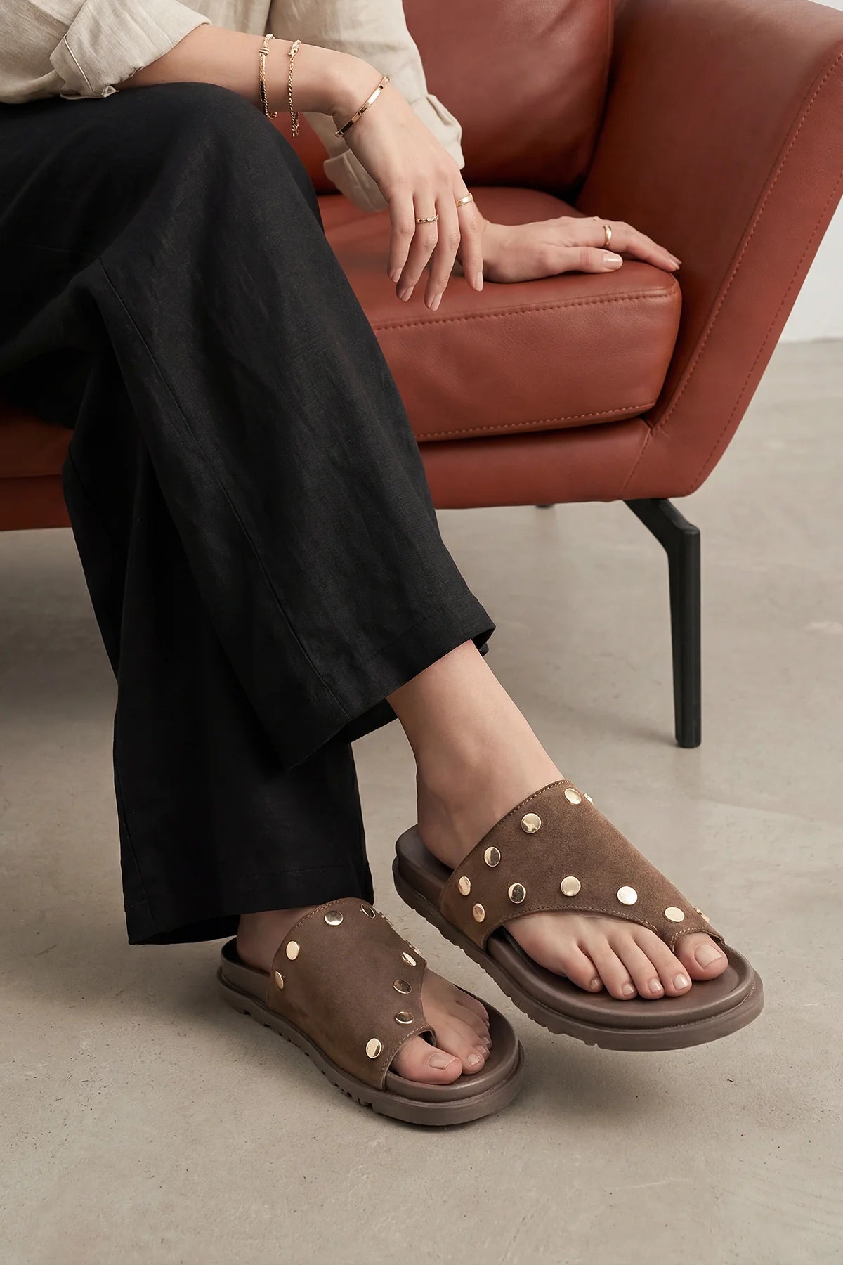 Nobi Coffee Suede Women’s Genuine Leather Studded Thong Casual Slippers | FOOTWEAR | Slipper | Lebbse Nobi Coffee Suede Women’s Genuine Leather Studded Thong Casual Slippers | FOOTWEAR | Slipper | Lebbse
