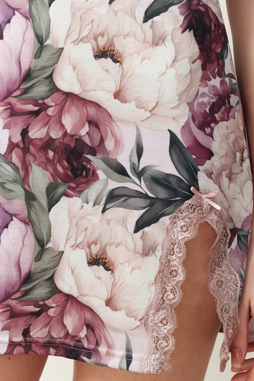 Multicolored Floral Lace Ribbon/Bow and Slit Detailed Rope Strap Knitted Nightgown