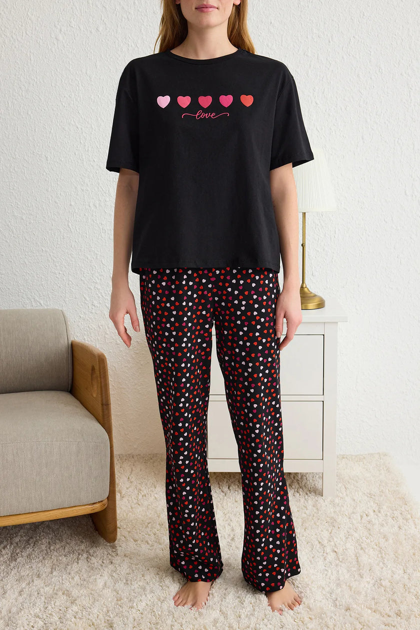 Black 100% Cotton Heart and Slogan Knitted Pajama Set