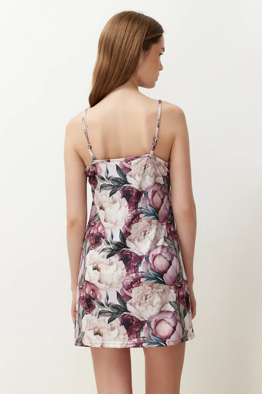 Multicolored Floral Lace Ribbon/Bow and Slit Detailed Rope Strap Knitted Nightgown