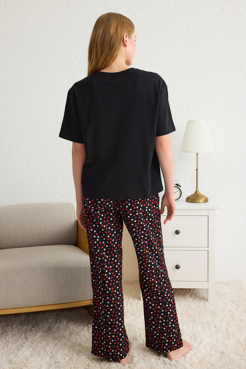 Black 100% Cotton Heart and Slogan Knitted Pajama Set
