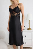 Black Lace and Back Tie Detailed Rope Strap Satin Woven Nightgown