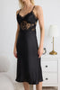 Black Lace and Back Tie Detailed Rope Strap Satin Woven Nightgown