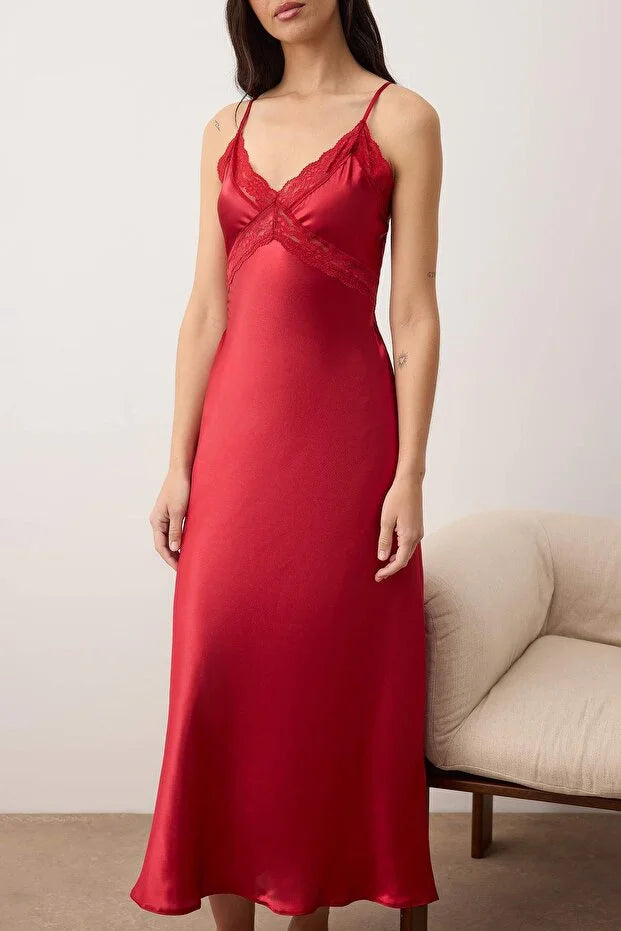 Burgundy Lace Back Detailed Satin Woven Nightgown with Rope Straps