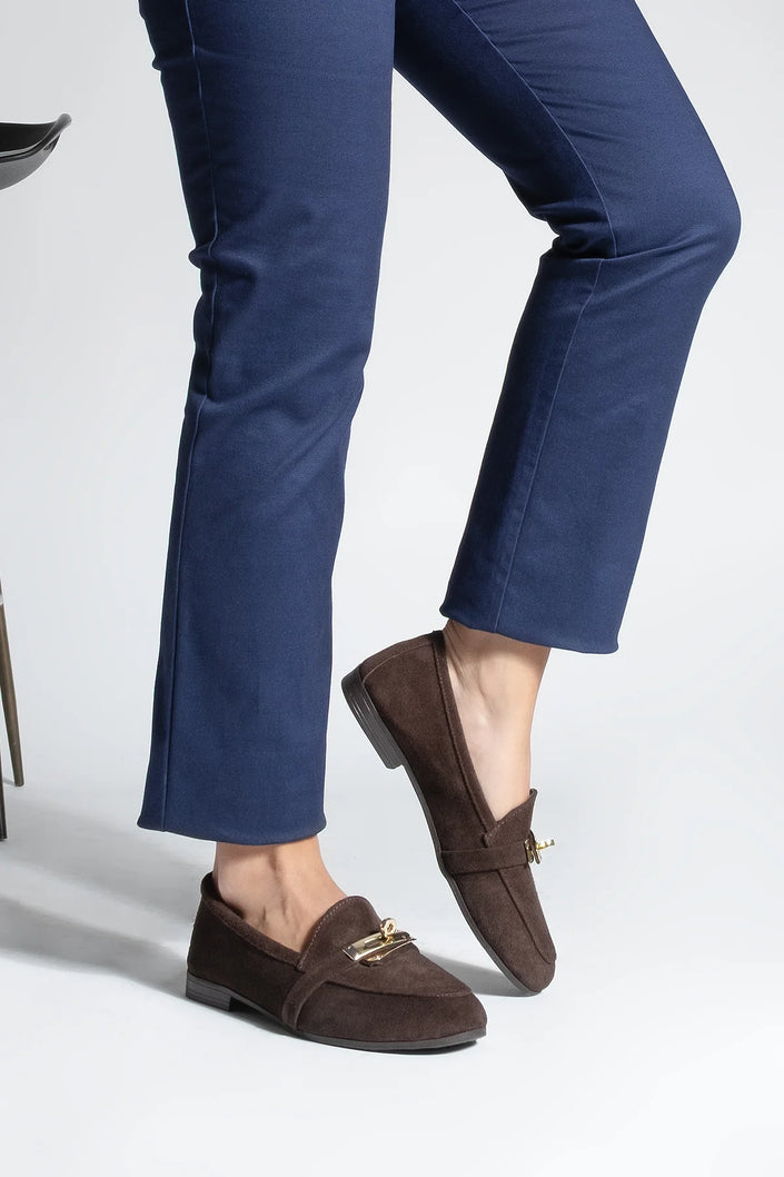 Women's Genuine Leather Buckled Loafer Casual Shoes Nador - Brown Suede