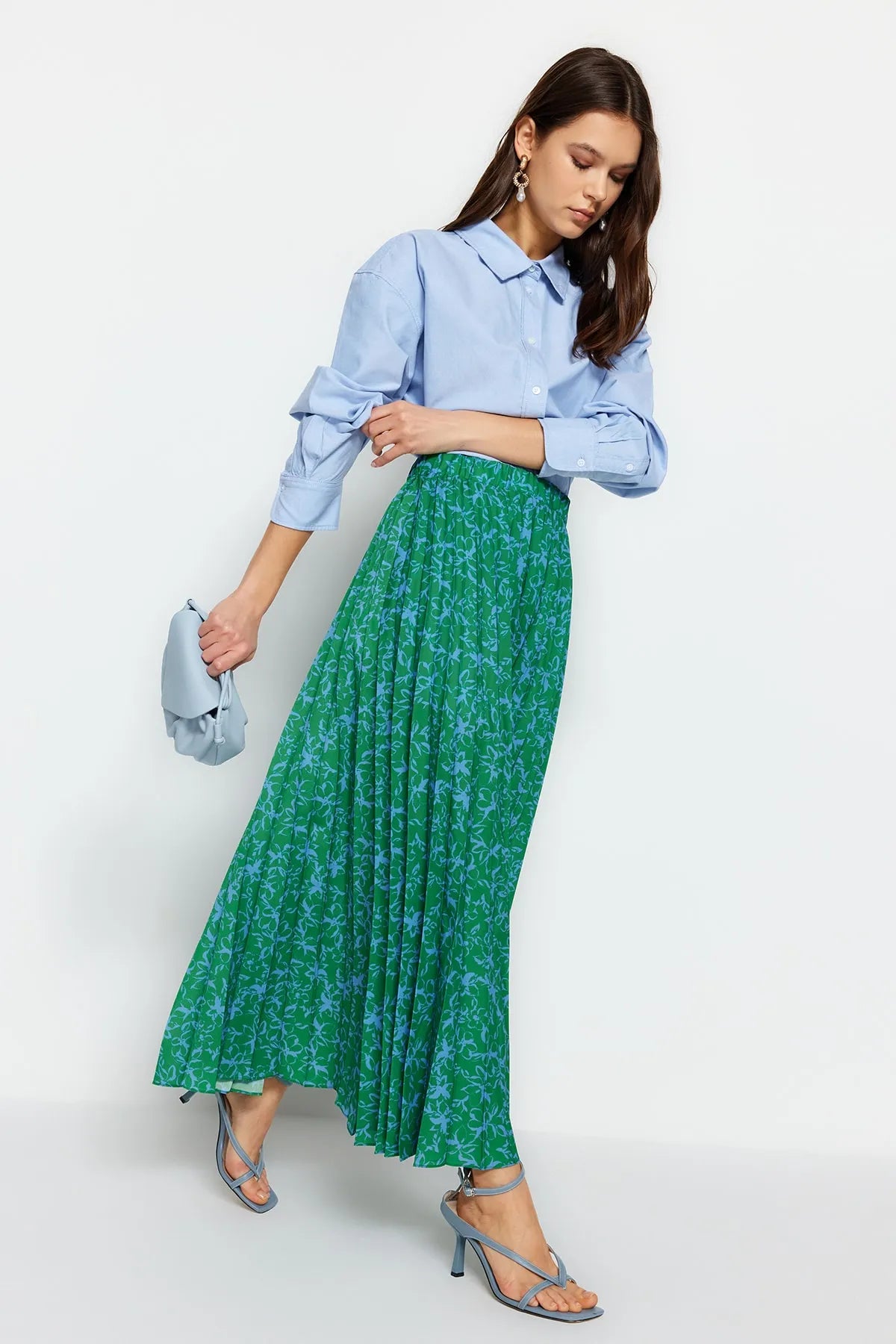 Green Floral Patterned Pleated Elastic Waist Woven Skirt