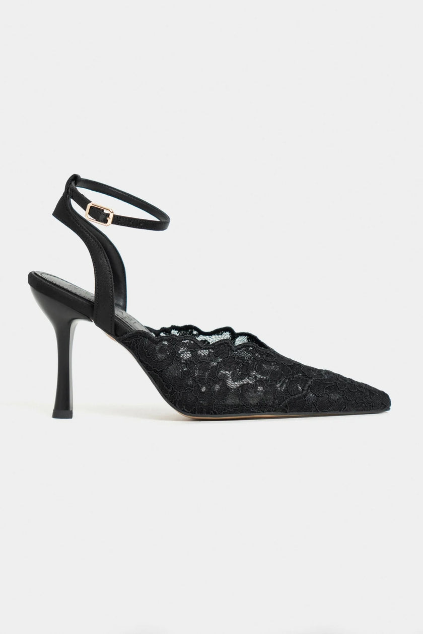AVENY Black Lace Embroidered Back Strap Women’s Heel Shoes