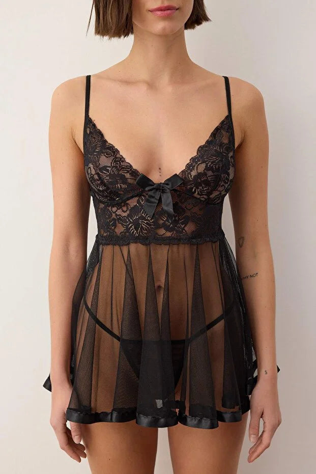 Black Tulle-Striped Plain Uncapped Babydoll