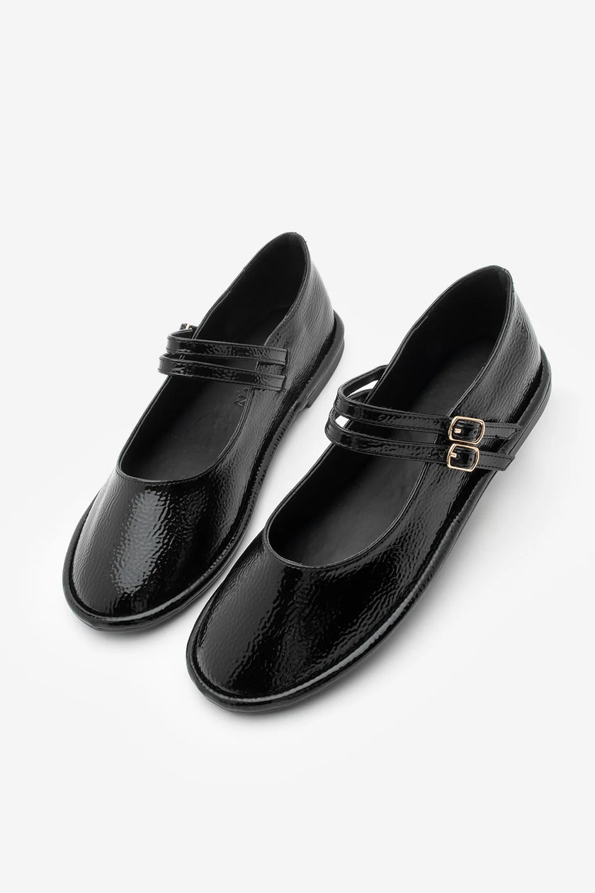 Women's Double-Strap Ballerina Larzen - Black Patent Leather