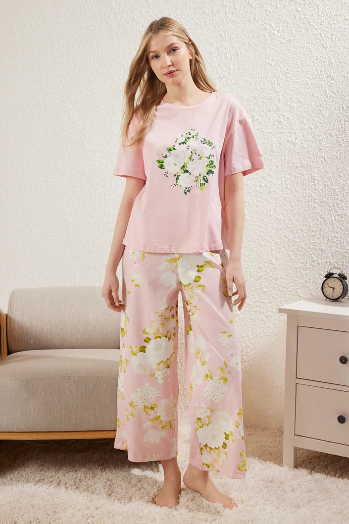 Pink 100% Cotton Floral Knitted Pajama Set