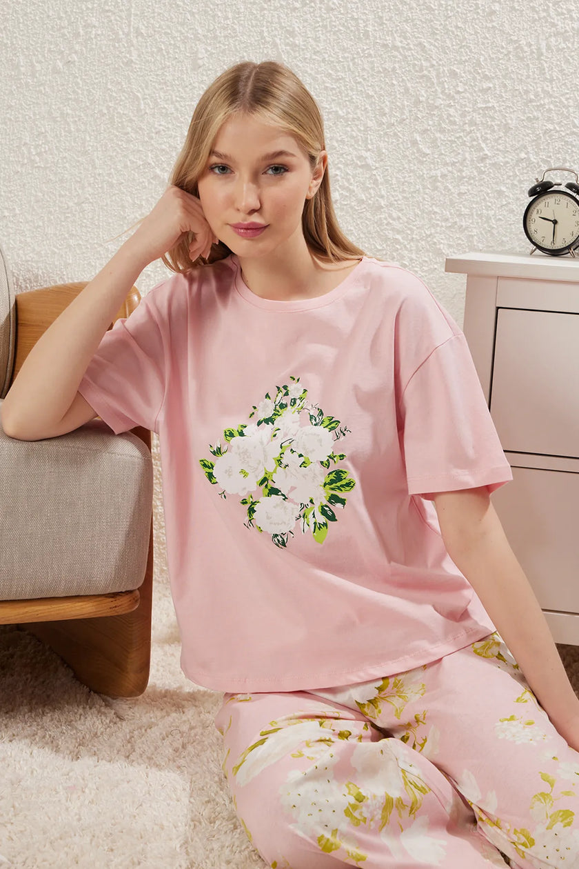 Pink 100% Cotton Floral Knitted Pajama Set