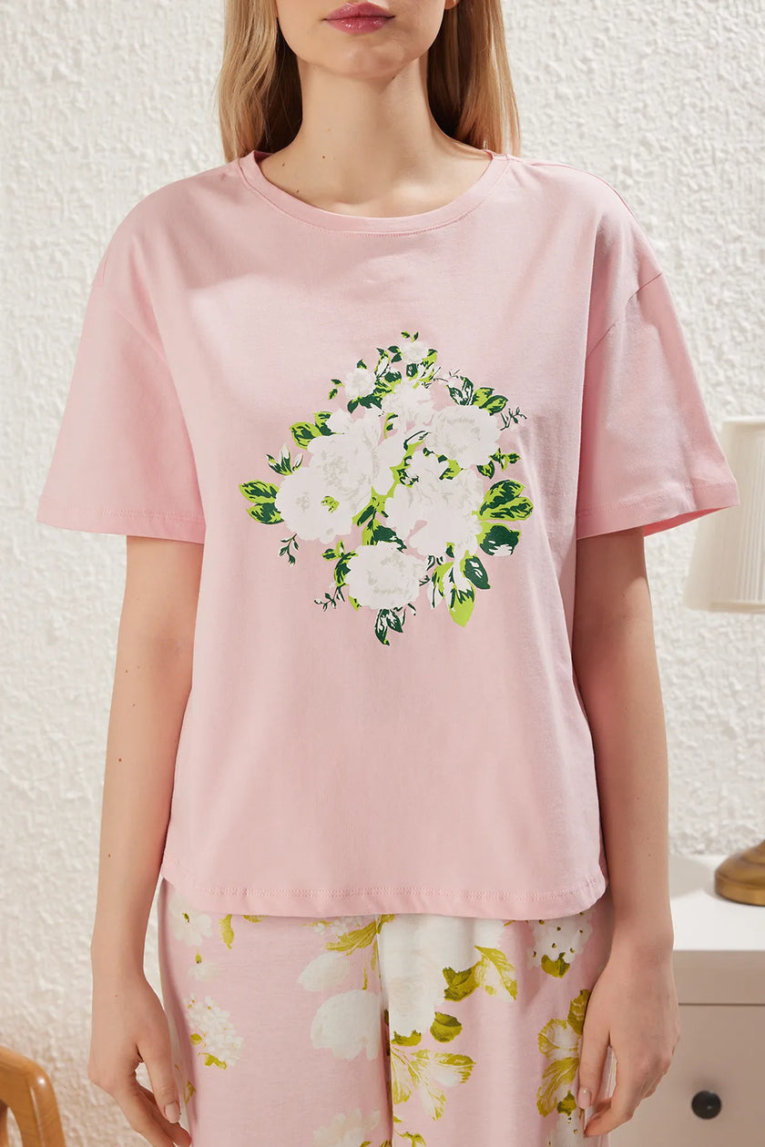 Pink 100% Cotton Floral Knitted Pajama Set