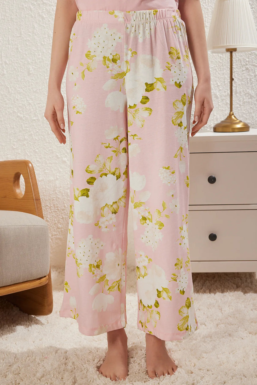 Pink 100% Cotton Floral Knitted Pajama Set