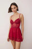 Burgundy Tulle Striped Plain Fixed Cup Babydoll