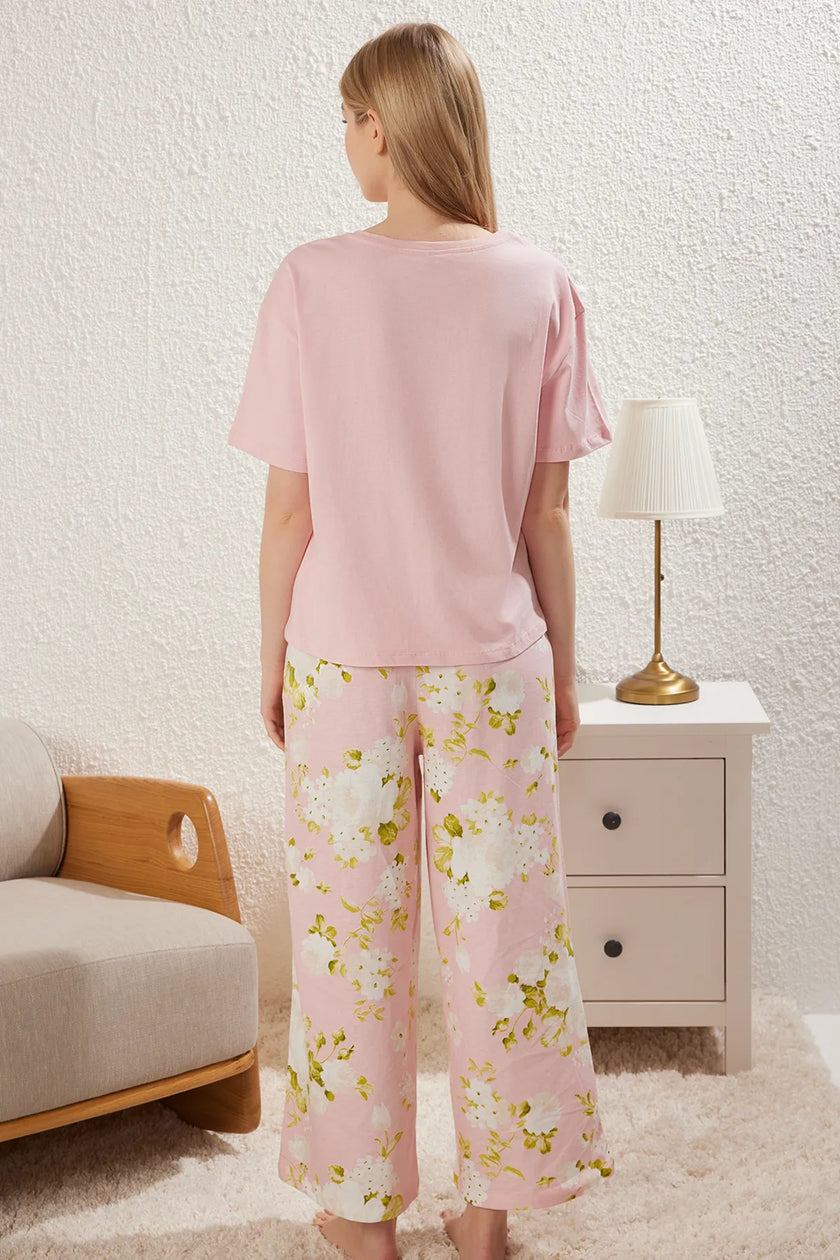 Pink 100% Cotton Floral Knitted Pajama Set