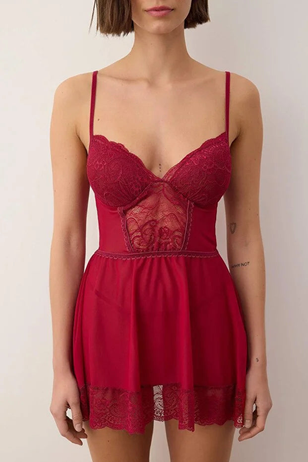 Burgundy Tulle Striped Plain Fixed Cup Babydoll