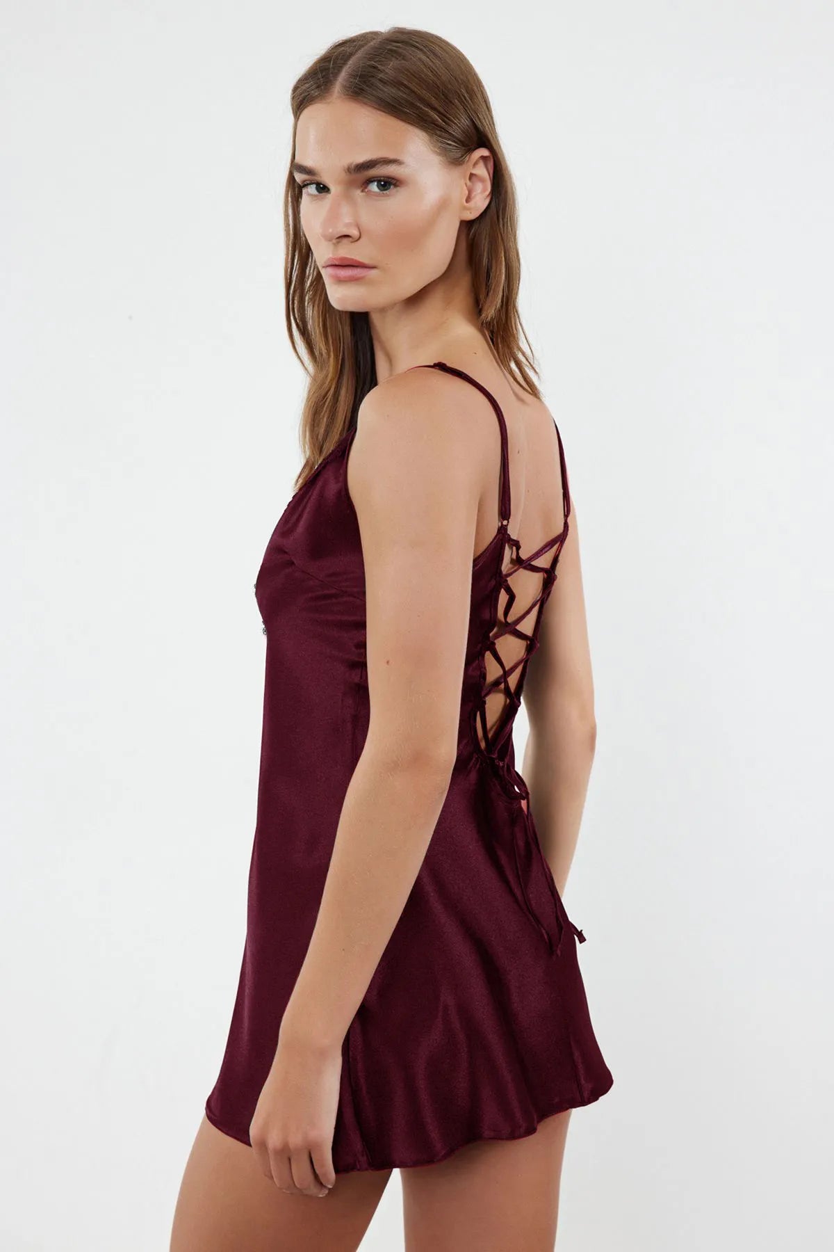 dark red Satin Back Detailed Rope Strap Coverless Fantasy Nightgown