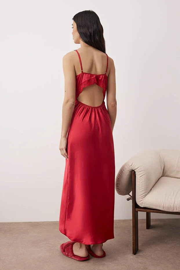 Burgundy Lace Back Detailed Satin Woven Nightgown with Rope Straps | Home Wear | Lingerie | Lebbse Burgundy Lace Back Detailed Satin Woven Nightgown with Rope Straps | Home Wear | Lingerie | Lebbse