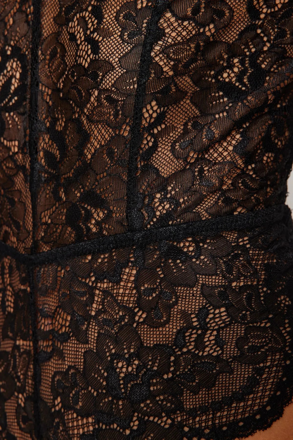 Black Lace Rope Strap Snap Knitted Bodysuit
